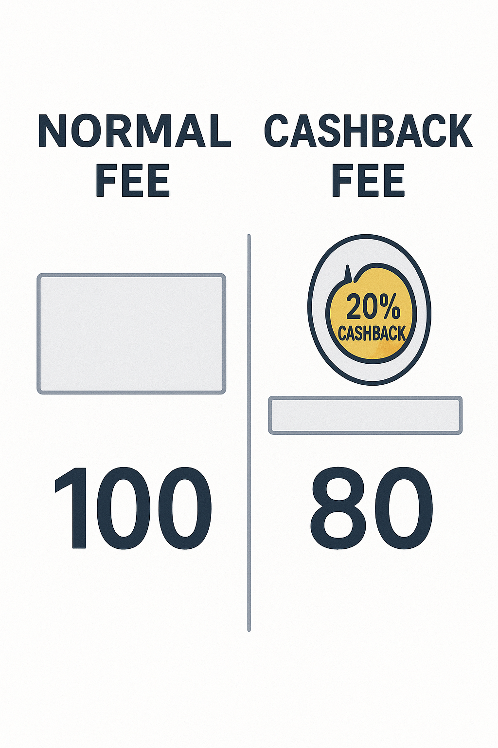 Infographic comparing normal fee vs 20% cashback fee structure