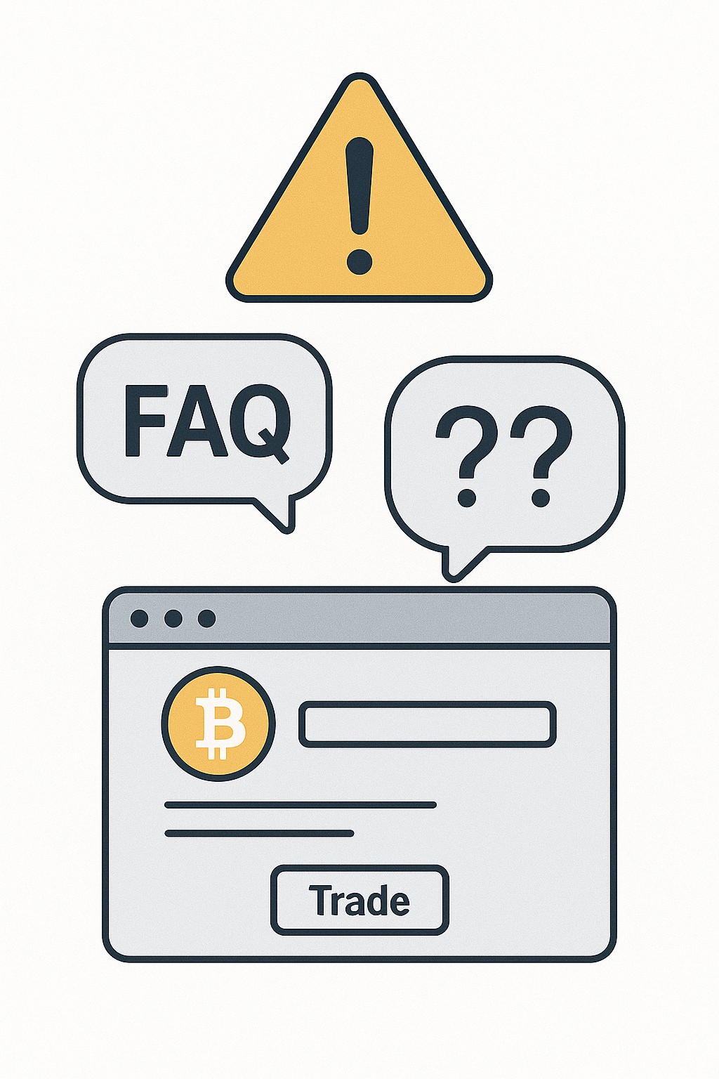 Warning icon with FAQ symbols and crypto platform UI