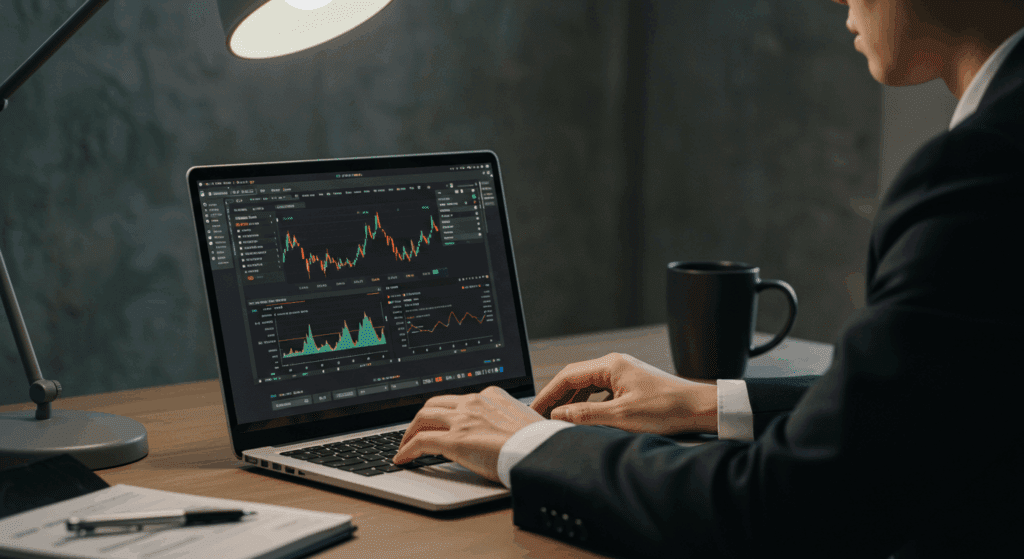Crypto trader choosing Bybit exchange on laptop, Korean interface visible, professional atmosphere