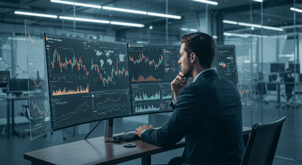 Crypto investor planning strategy with Bybit futures dashboard open, futuristic digital trading environment