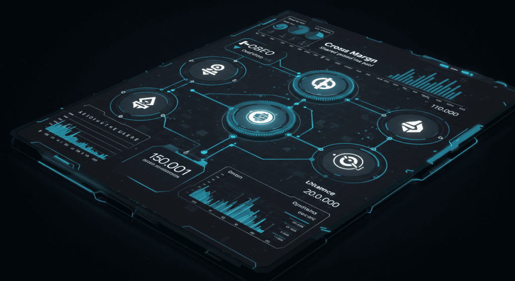 Diagram showing Cross Margin with shared balance pool protecting positions, futuristic crypto dashboard