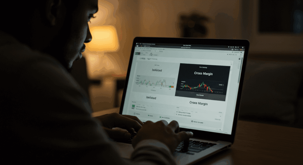 Crypto beginner choosing between Isolated and Cross Margin options on Bybit interface, thoughtful expression
