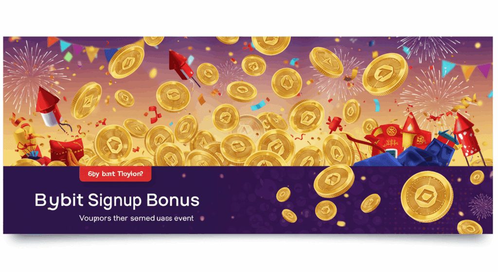 Bybit signup bonus event banner, crypto coins raining, celebration theme with Korean text