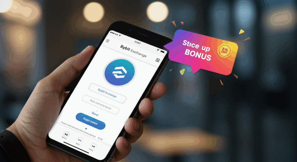 User signing up on Bybit exchange with smartphone, receiving bonus notification, modern crypto design