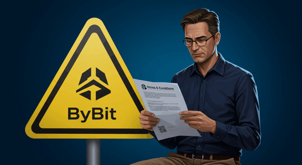 Warning sign illustration with Bybit logo, crypto trader reading terms and conditions, professional style
