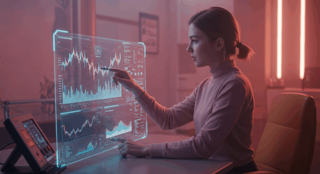 Crypto trader practicing with Bybit bonus funds, strategy planning board, futuristic trading atmosphere