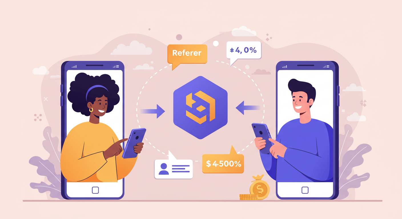 바이비트 레퍼럴 Crypto referral program illustration with two users sharing benefits, Bybit logo, modern flat design