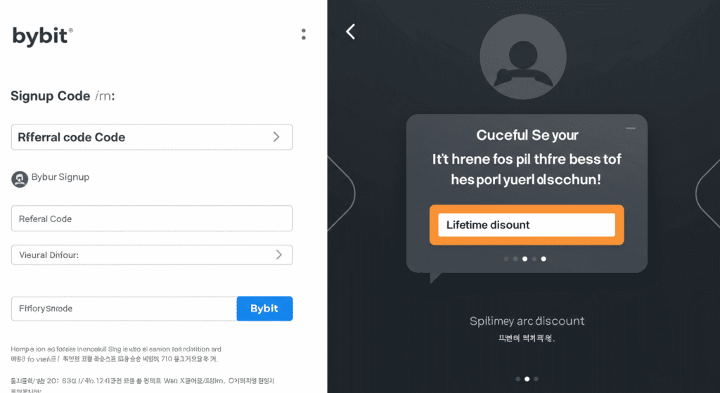 User entering referral code during Bybit signup, confirmation message showing lifetime discount, Korean interface