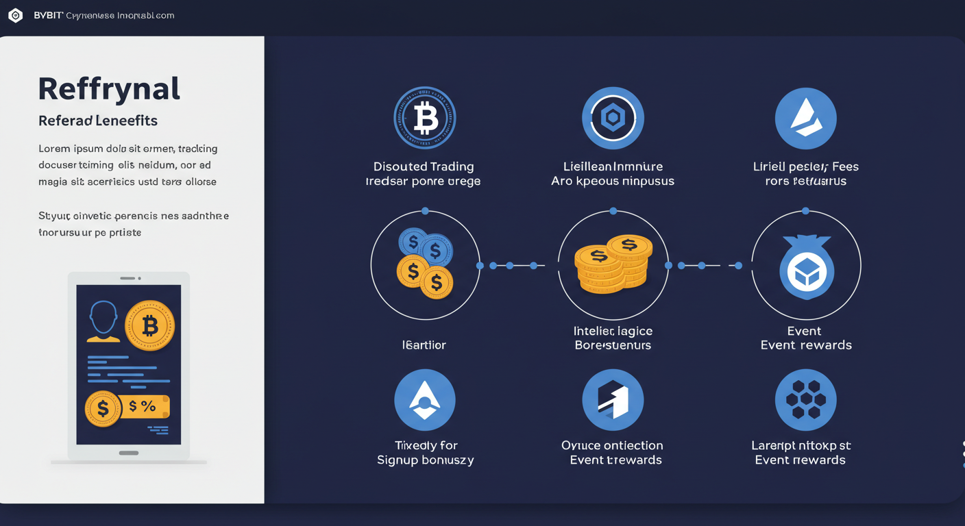 nfographic of Bybit referral benefits: fee discount, signup bonus, event rewards, clean crypto design