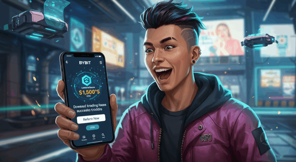 Happy crypto trader showing lower fees on Bybit app with referral code applied, futuristic digital style"