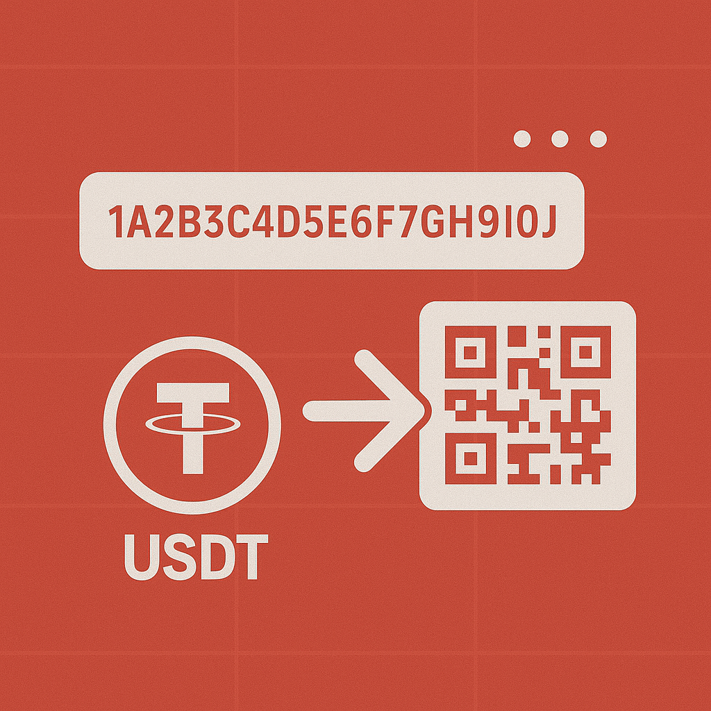 암호화폐 지갑 주소와 QR코드, 송금 진행 중인 디지털 일러스트, USDT 아이콘 강조