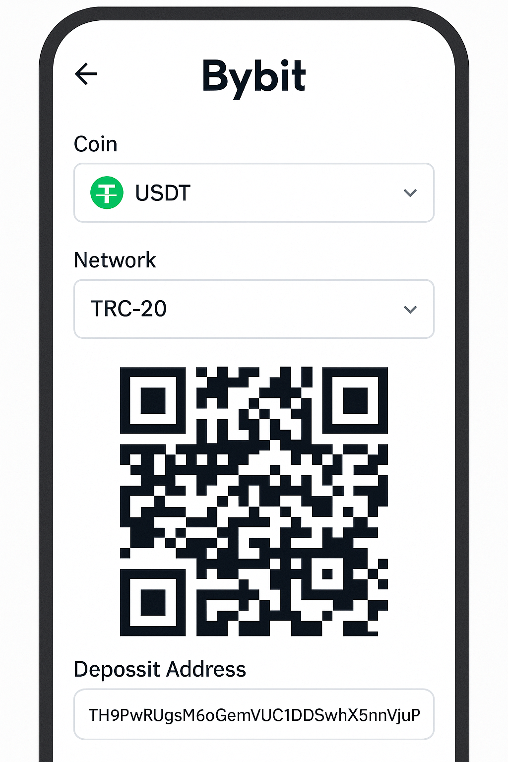 바이비트 앱의 입금 화면, USDT 선택과 TRC-20 네트워크, QR코드가 보이는 장면
