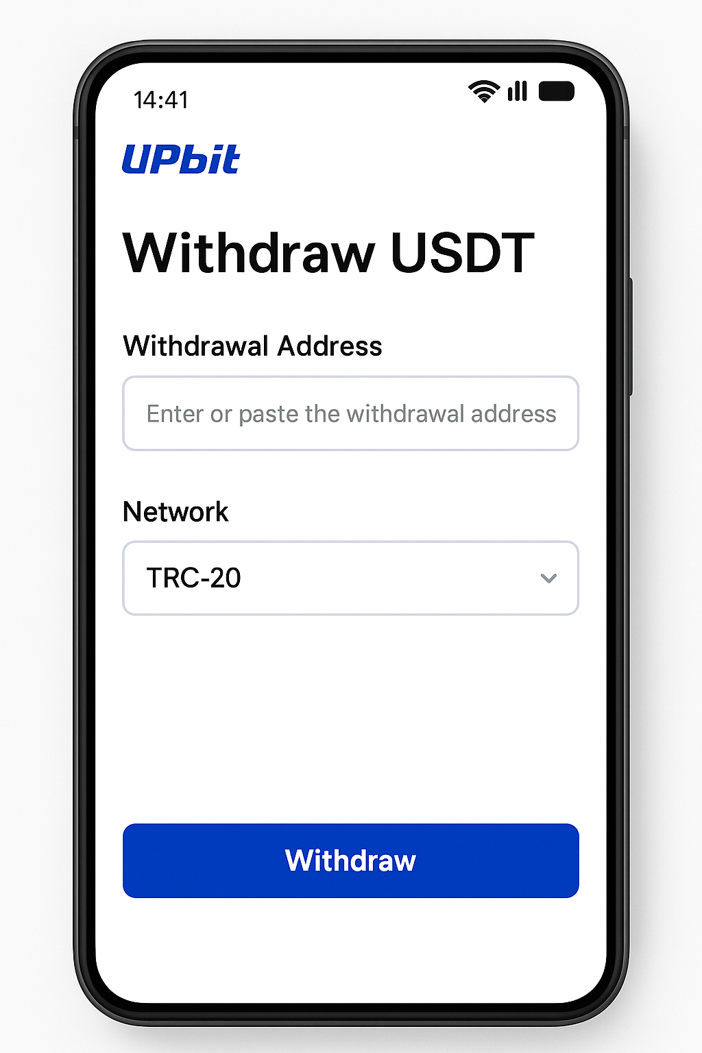 업비트 앱의 USDT 출금 화면, 출금 주소 입력란과 TRC-20 네트워크 선택 장면