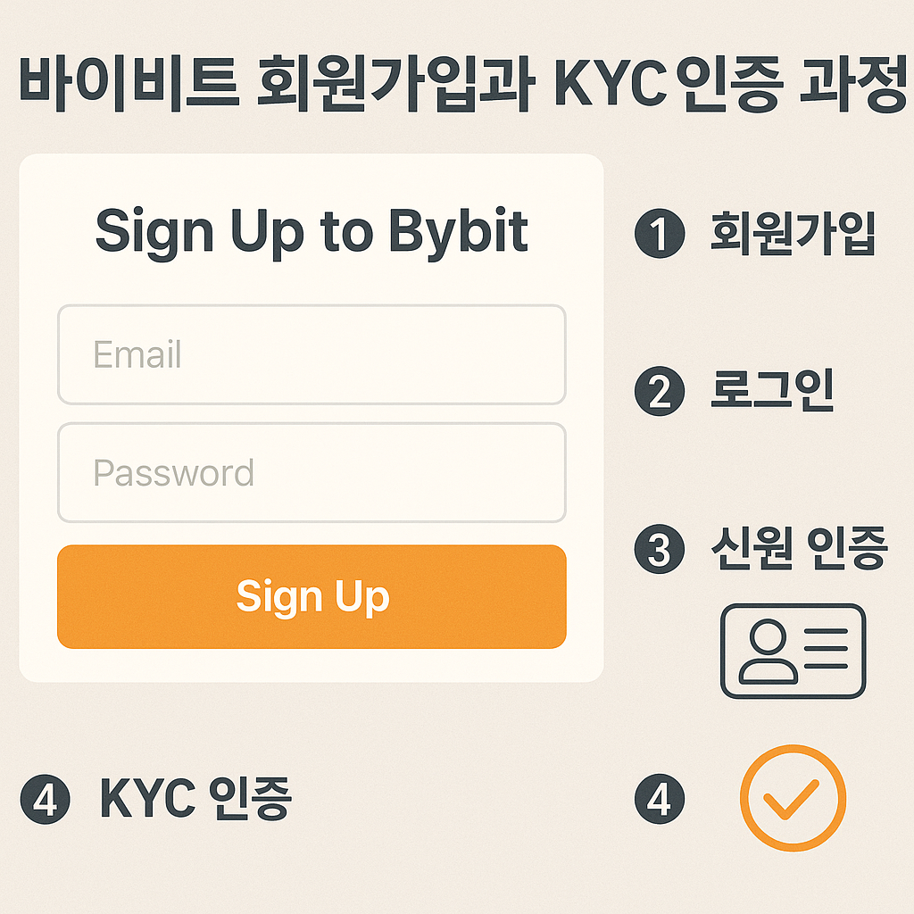 바이비트 회원가입과 KYC 인증 과정을 순서대로 설명한 UI 이미지