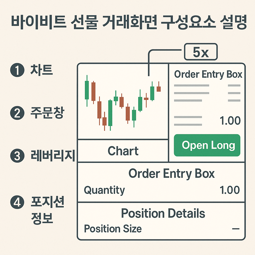 바이비트 선물 거래화면 구성요소 설명 이미지 (차트, 주문창, 레버리지 등)
