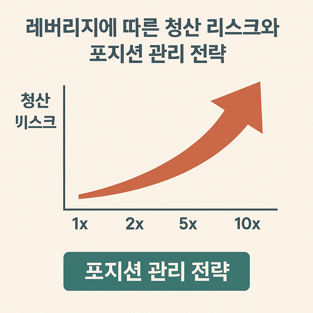 레버리지에 따른 청산 리스크와 포지션 관리 전략을 시각화한 그래픽