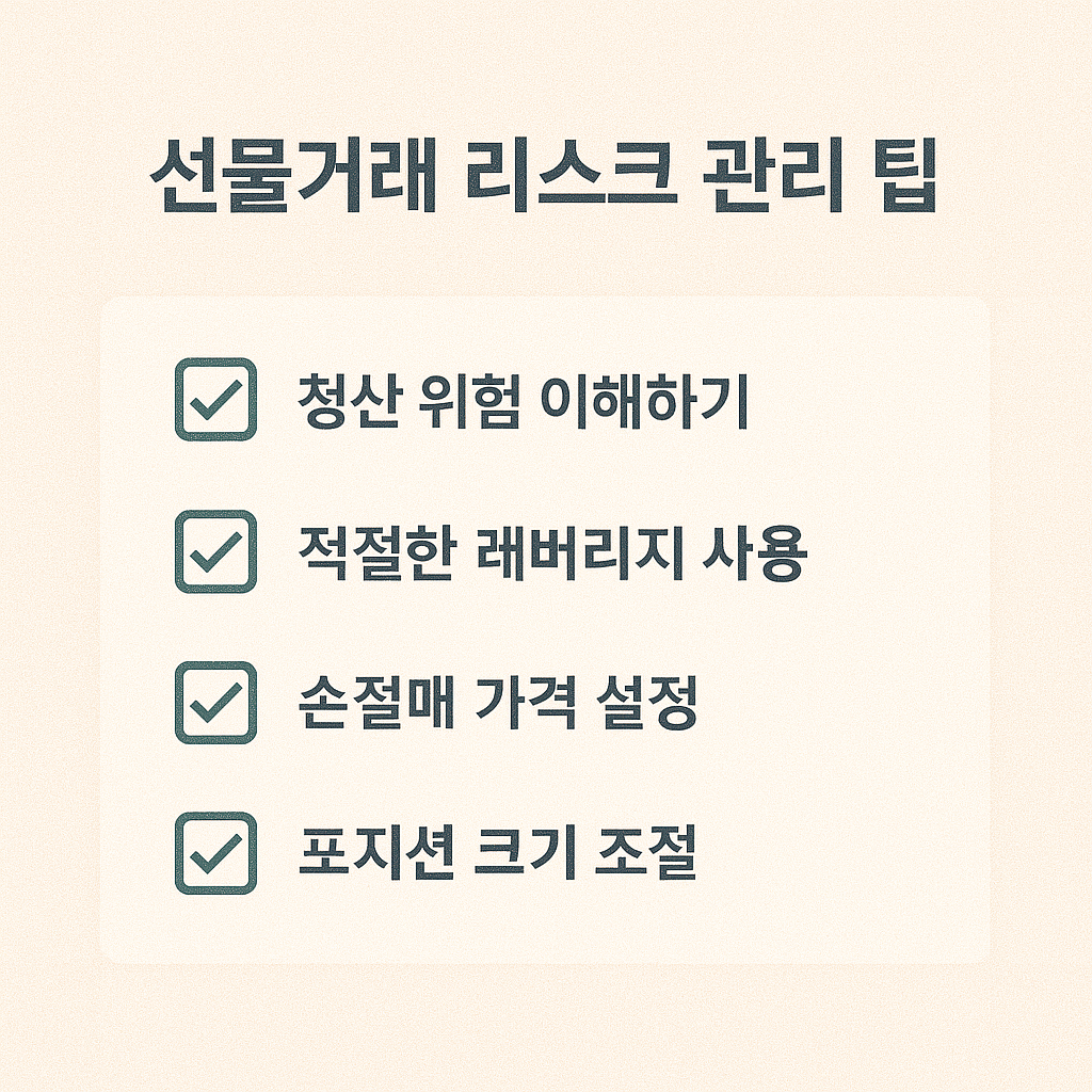 선물거래 리스크 관리 팁을 체크리스트 형식으로 표현한 이미지