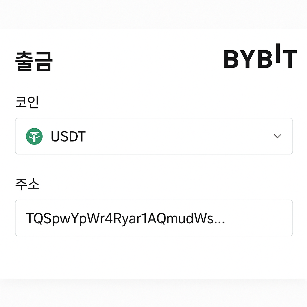 Bybit 웹사이트의 출금 화면에서 USDT 선택, 주소 입력창에 업비트 입금 주소가 붙여진 장면, 밝은 UI