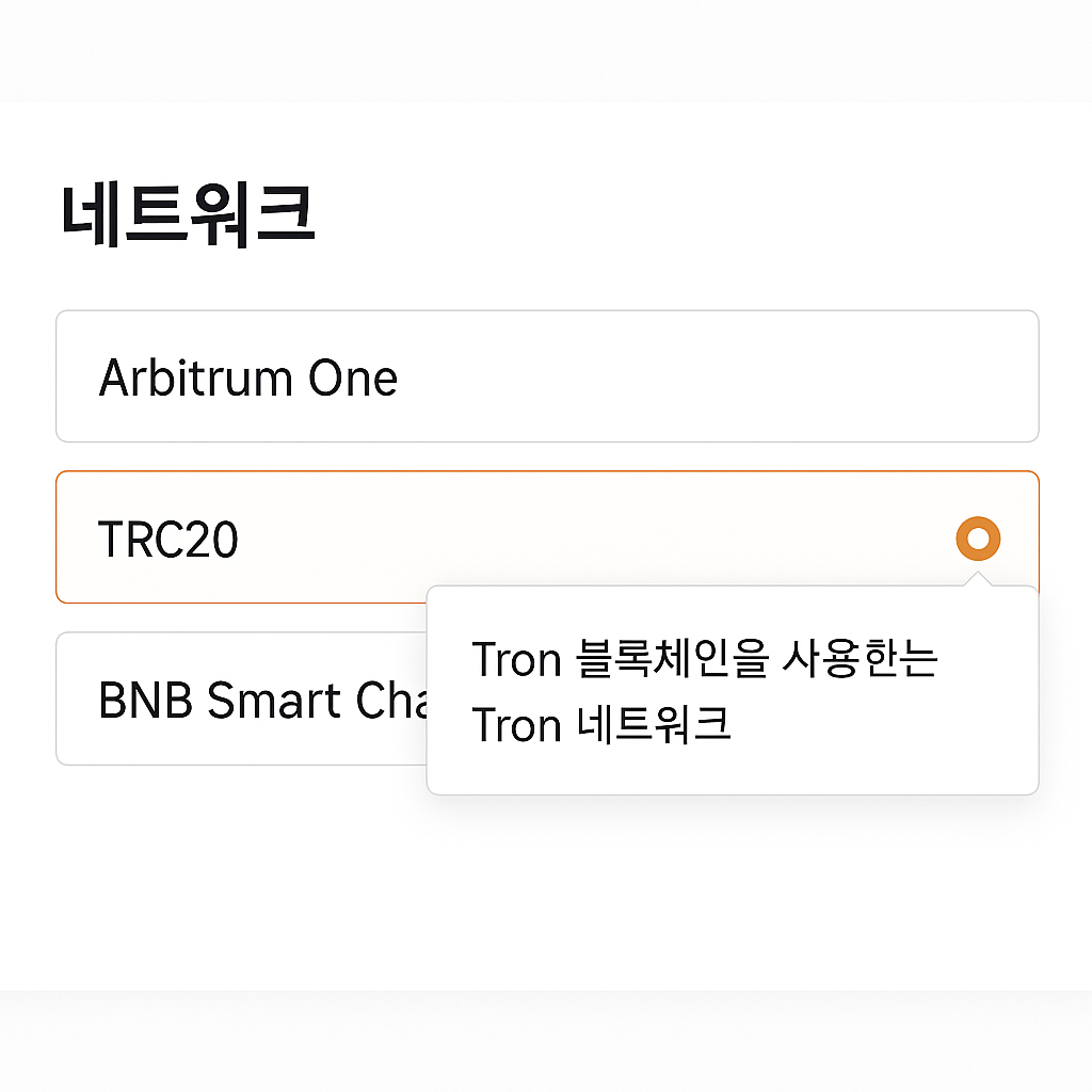 Bybit 출금 네트워크 선택 화면에서 TRC20 선택, 네트워크 설명 툴팁이 열려 있는 UI 장면