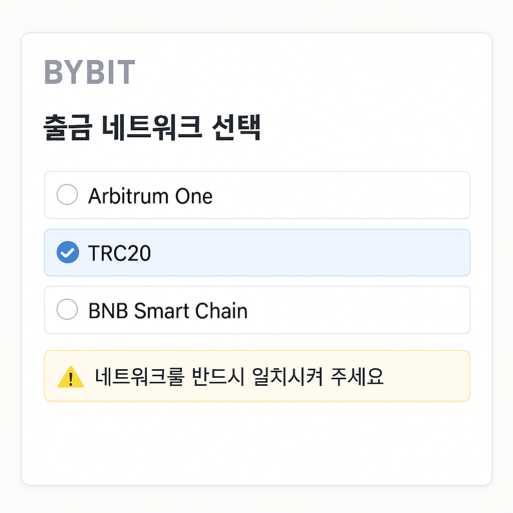 USDT 출금 수수료 1 USDT와 최소 출금 금액 10 USDT가 표시된 Bybit 화면, 보안 인증 팝업 함께 표시