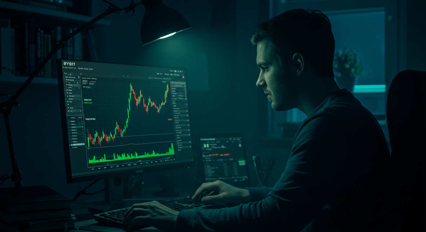 Crypto trader looking at Bybit screen with both red (loss) and green (profit) positions, emotional contrast