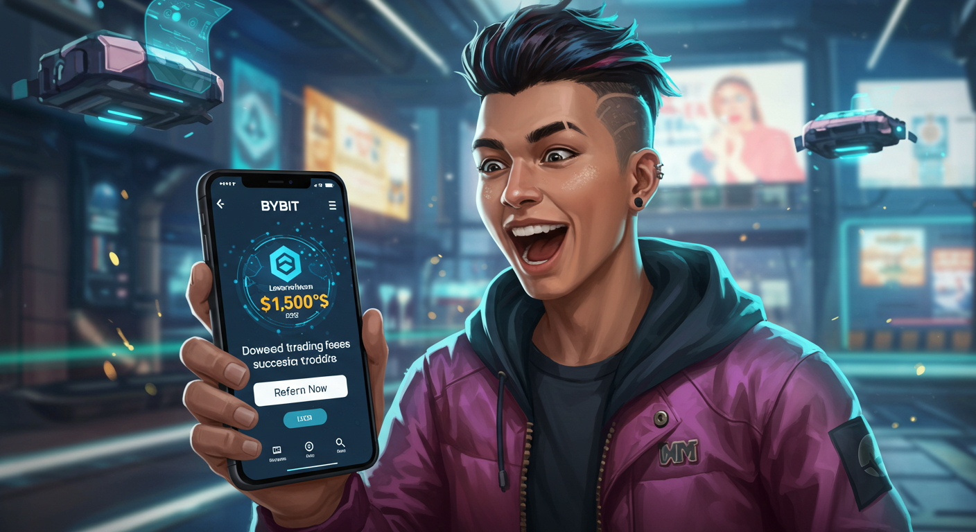 Happy crypto trader showing lower fees on Bybit app with referral code applied, futuristic digital style"